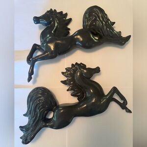 Pair of midcentury ceramic black Pegasus horses wall decor hanging sculptures